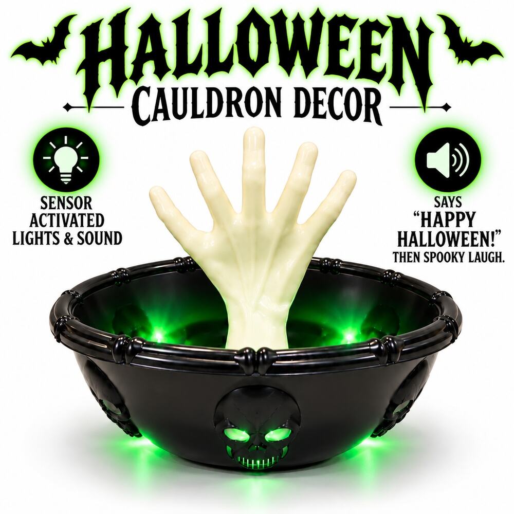 Halloween Cauldron Decor Sensor Activated Light Sound Skeleton Hand NEW